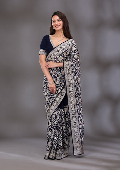 Navy Blue Threadwork Tissue Saree-Koskii