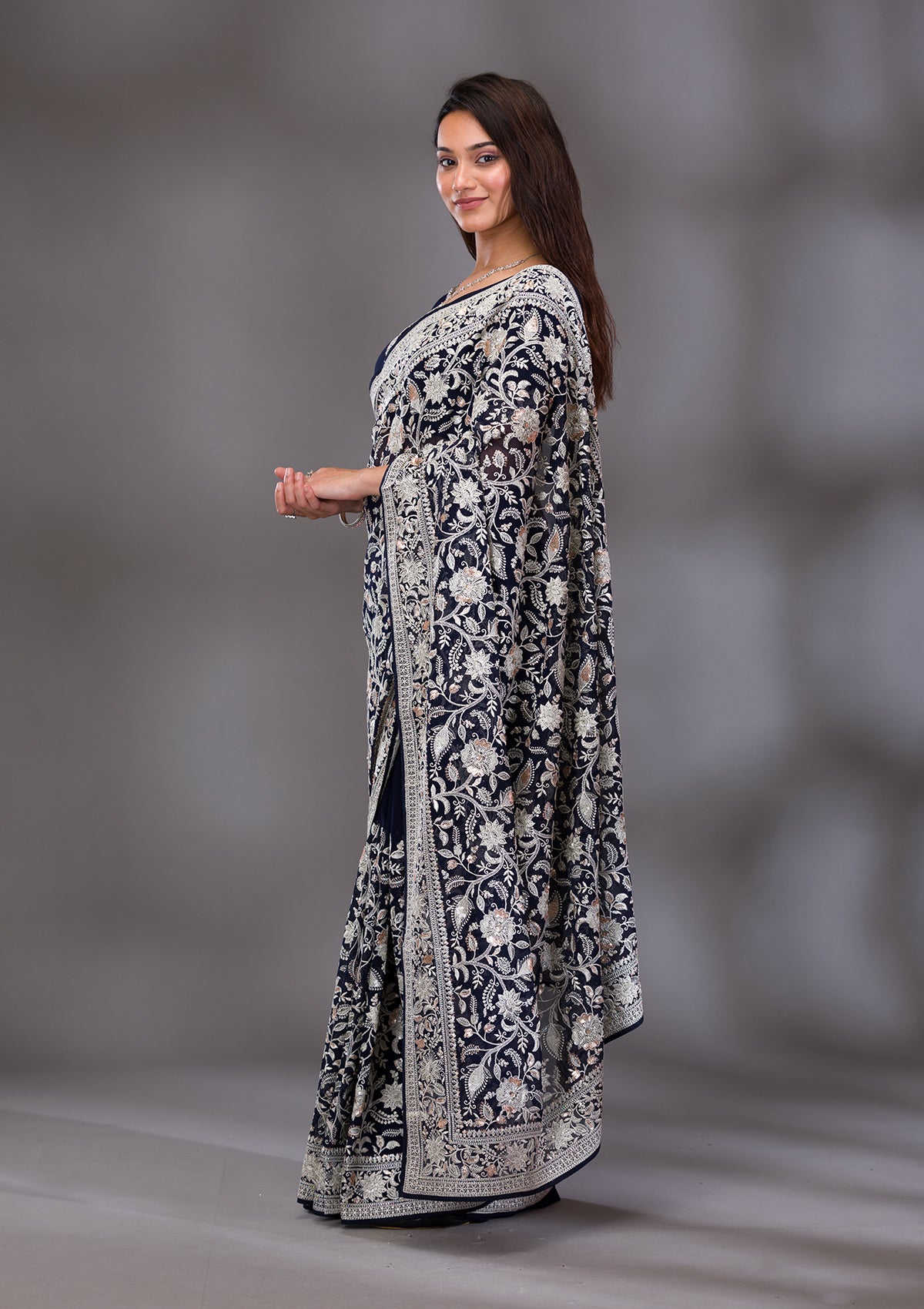 Navy Blue Threadwork Tissue Saree-Koskii