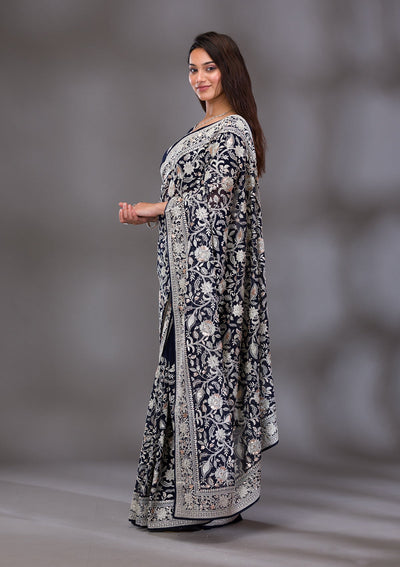 Navy Blue Threadwork Tissue Saree-Koskii