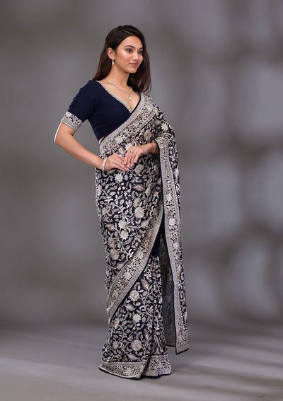 Navy Blue Threadwork Tissue Saree-Koskii