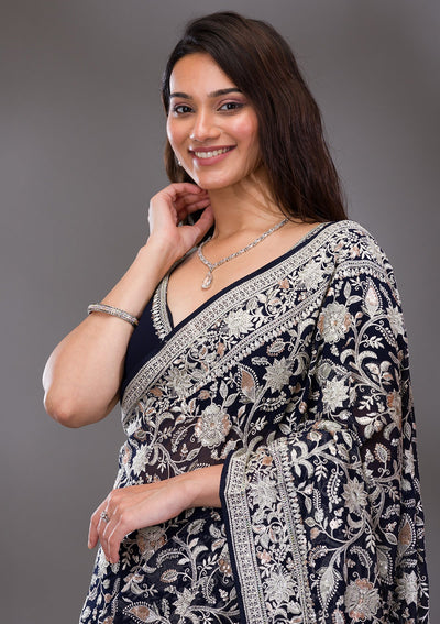 Navy Blue Threadwork Tissue Saree-Koskii