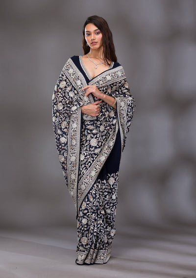 Navy Blue Threadwork Tissue Saree-Koskii