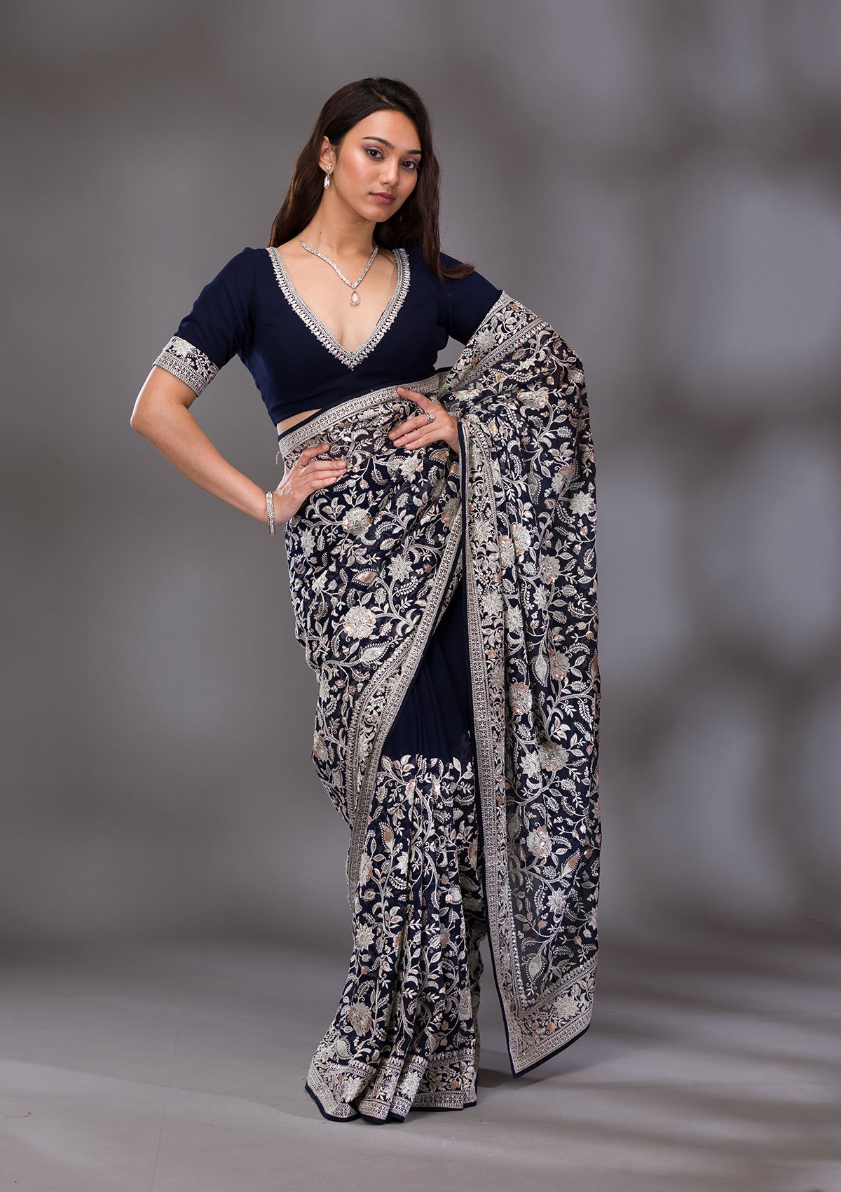 Navy Blue Threadwork Tissue Saree-Koskii