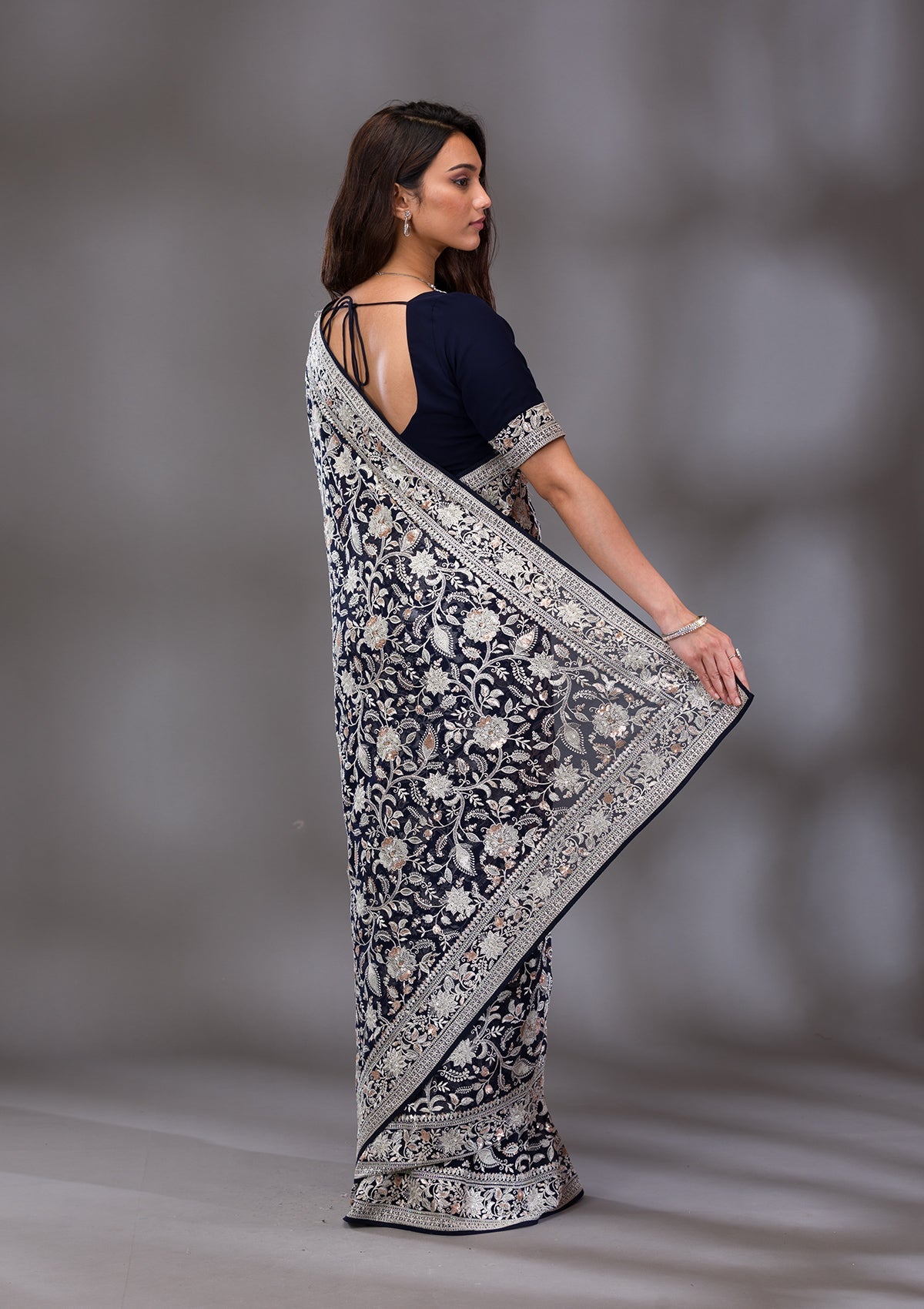 Navy Blue Threadwork Tissue Saree-Koskii