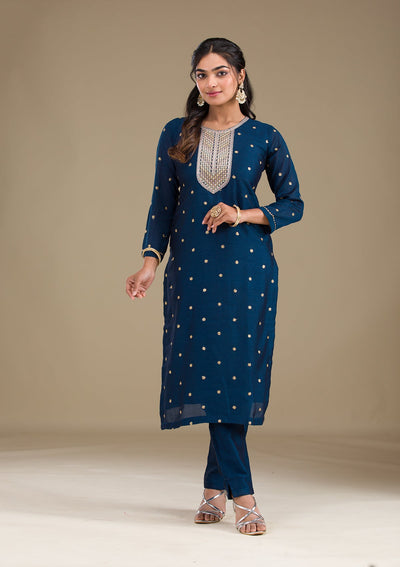 Navy Blue Zariwork Art Silk Readymade Salwar Suit-Koskii