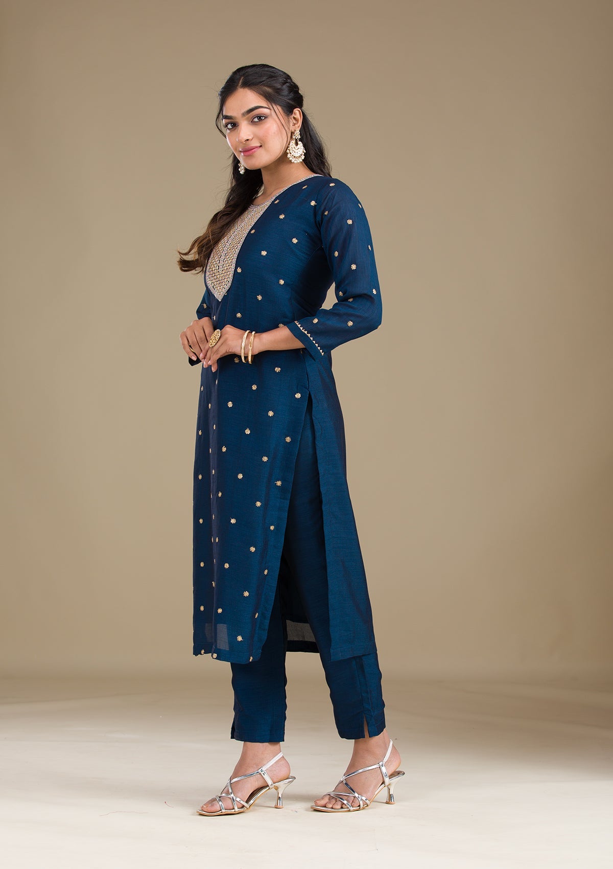 Navy Blue Zariwork Art Silk Readymade Salwar Suit-Koskii