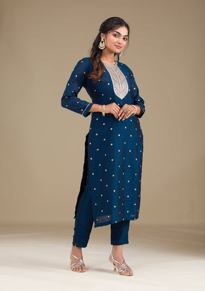 Navy Blue Zariwork Art Silk Readymade Salwar Suit-Koskii