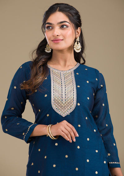 Navy Blue Zariwork Art Silk Readymade Salwar Suit-Koskii