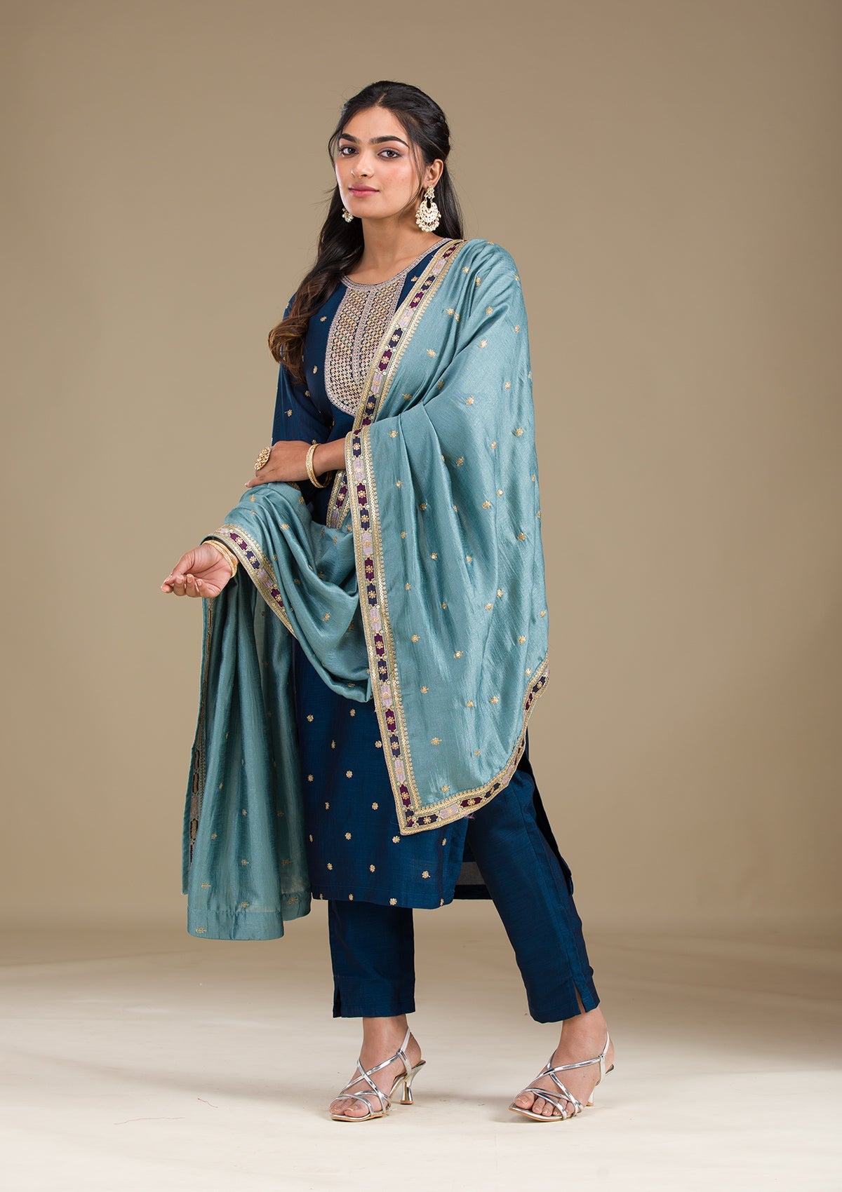 Navy Blue Zariwork Art Silk Readymade Salwar Suit-Koskii