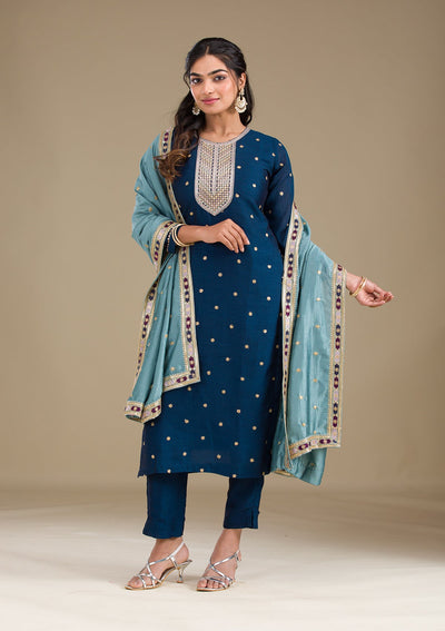 Navy Blue Zariwork Art Silk Readymade Salwar Suit-Koskii