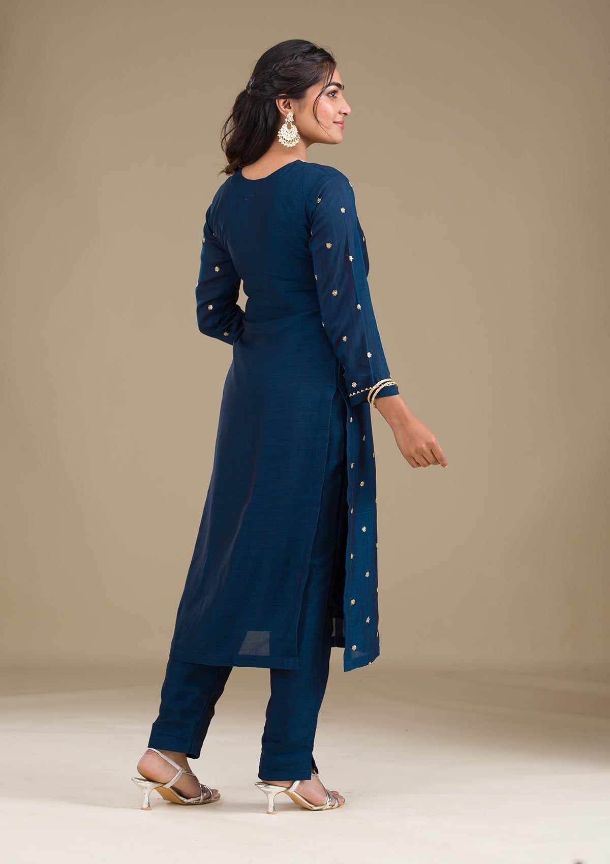 Navy Blue Zariwork Art Silk Readymade Salwar Suit-Koskii