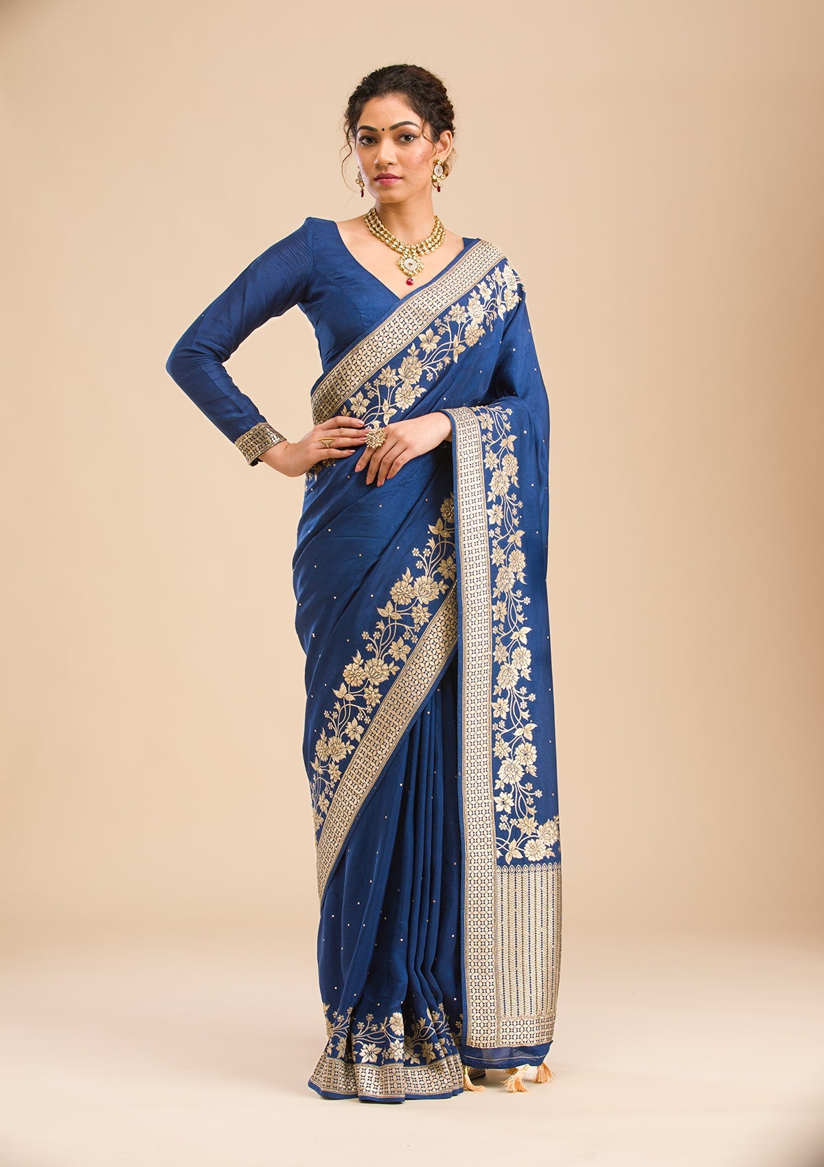 Navy Blue Zariwork Banarasi Silk Saree-Koskii