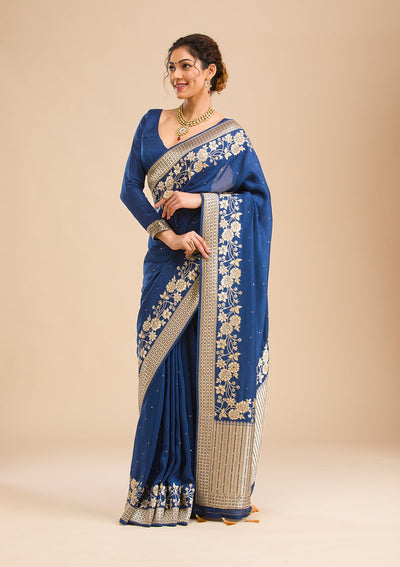 Navy Blue Zariwork Banarasi Silk Saree-Koskii