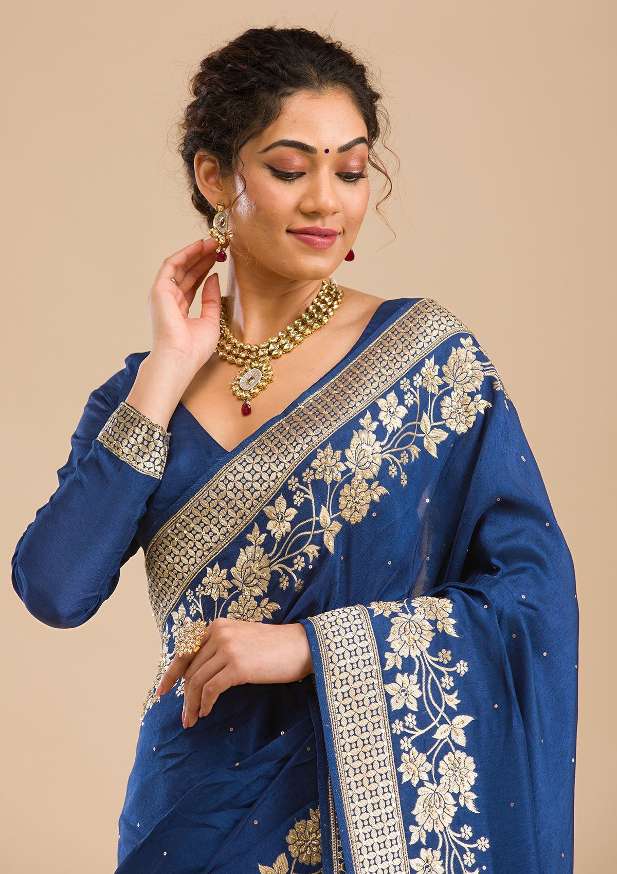 Navy Blue Zariwork Banarasi Silk Saree-Koskii