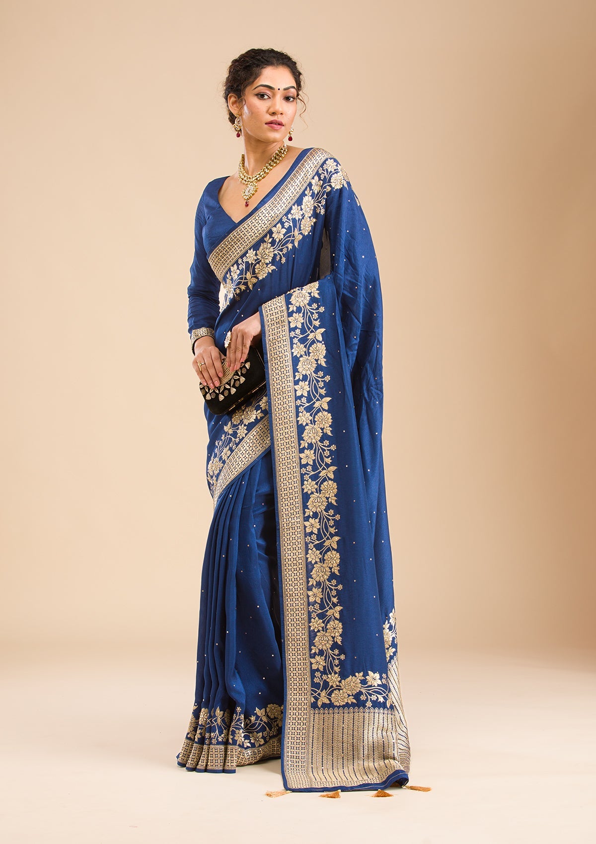 Navy Blue Zariwork Banarasi Silk Saree-Koskii