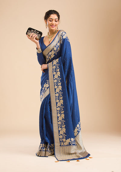 Navy Blue Zariwork Banarasi Silk Saree-Koskii