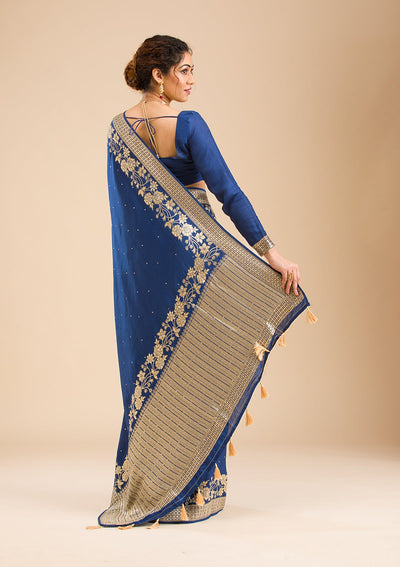 Navy Blue Zariwork Banarasi Silk Saree-Koskii