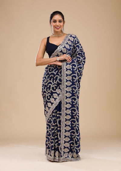 Navy Blue Zariwork Georgette Saree