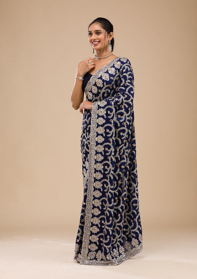 Navy Blue Zariwork Georgette Saree