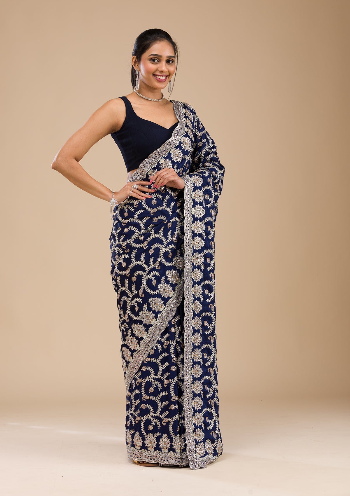 Navy Blue Zariwork Georgette Saree