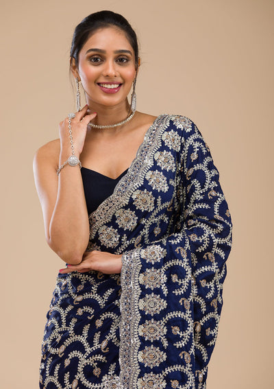 Navy Blue Zariwork Georgette Saree