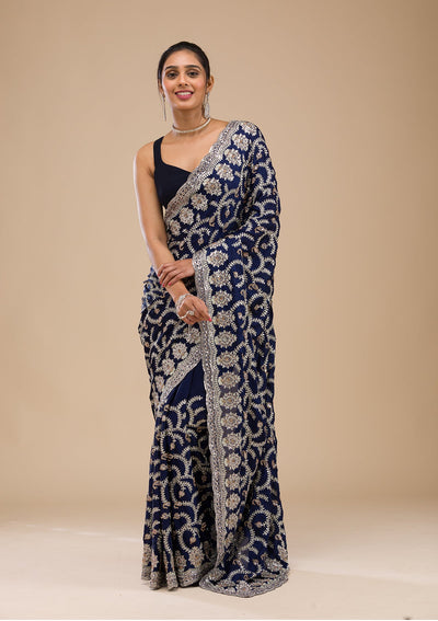 Navy Blue Zariwork Georgette Saree