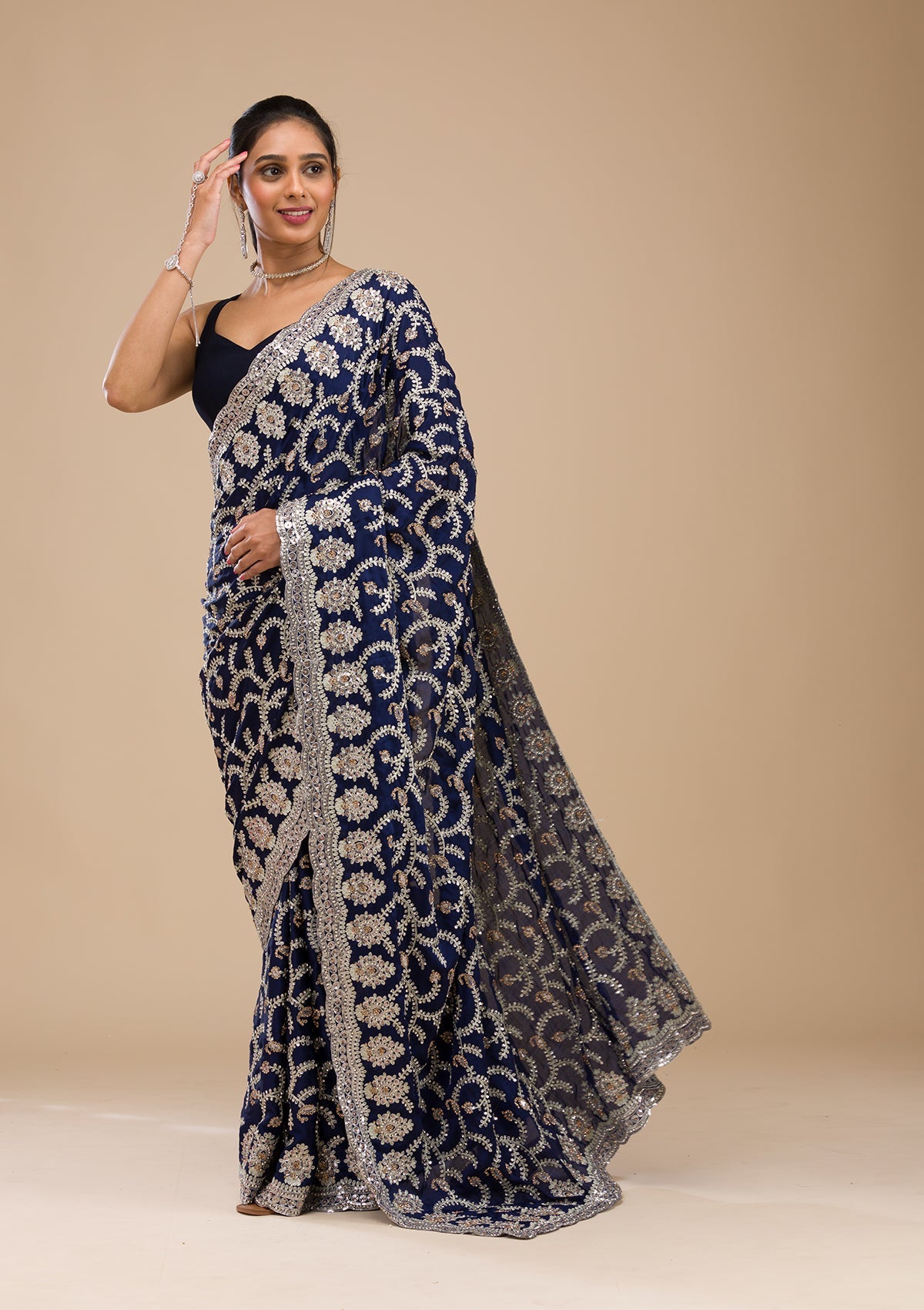 Navy Blue Zariwork Georgette Saree