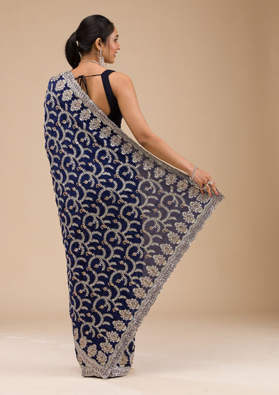 Navy Blue Zariwork Georgette Saree