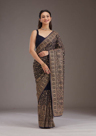 Navy Blue Zariwork Georgette Saree-Koskii