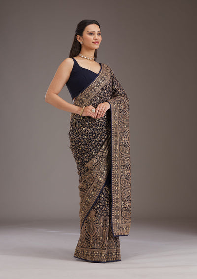 Navy Blue Zariwork Georgette Saree-Koskii