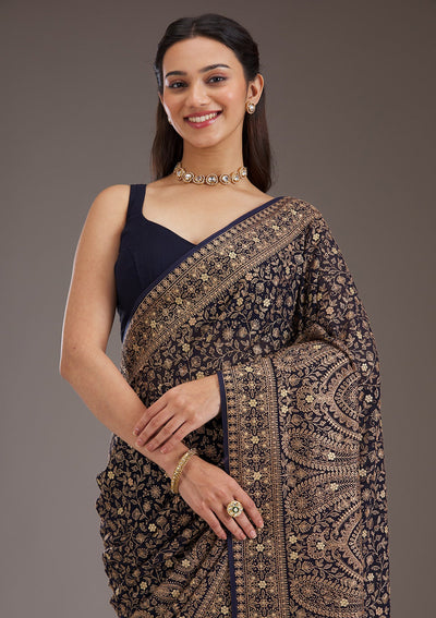 Navy Blue Zariwork Georgette Saree-Koskii