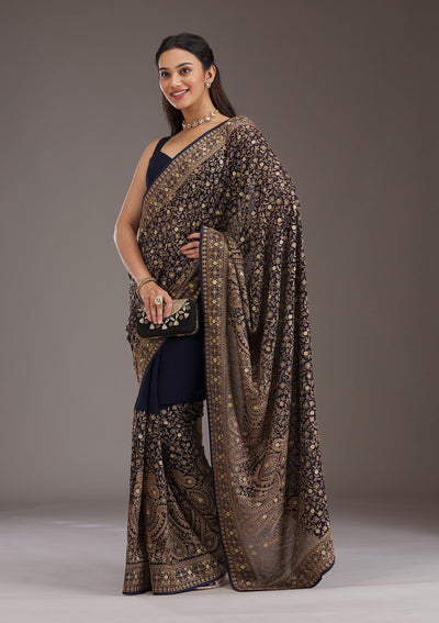 Navy Blue Zariwork Georgette Saree-Koskii