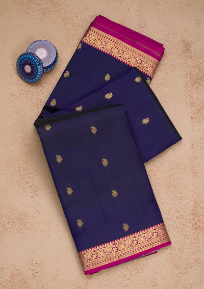 Navy Blue Zariwork Pure Silk Saree-Koskii