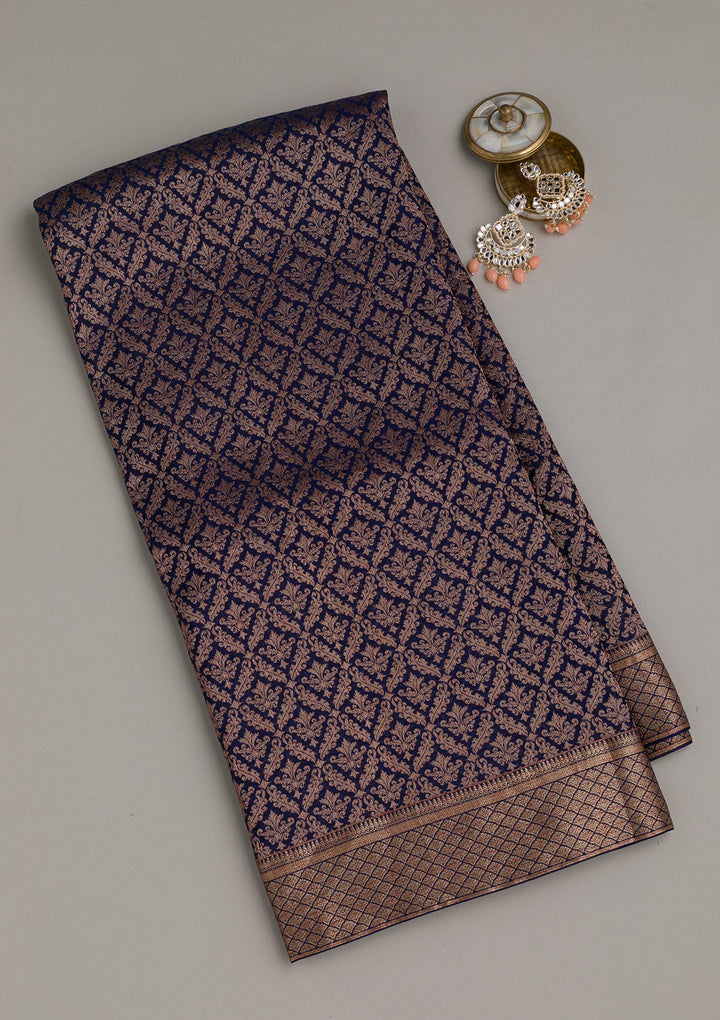 Navy Blue Zariwork Pure Silk Saree-Koskii