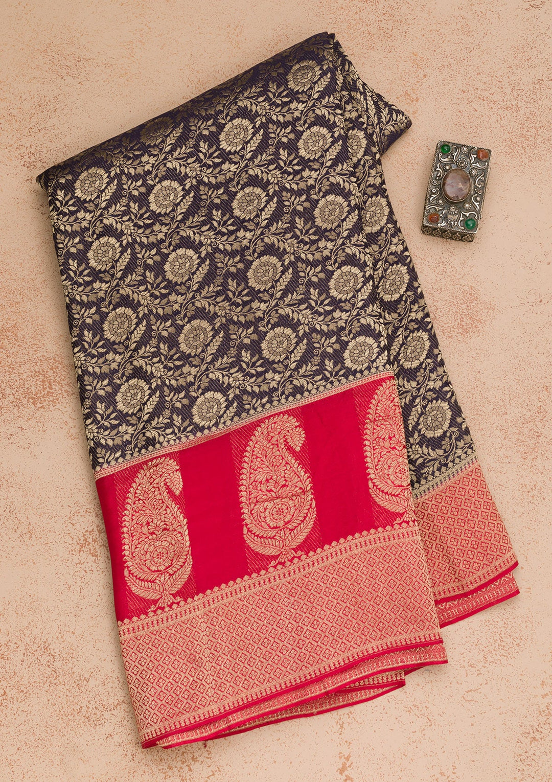 Navy Blue Zariwork Pure Silk Saree-Koskii