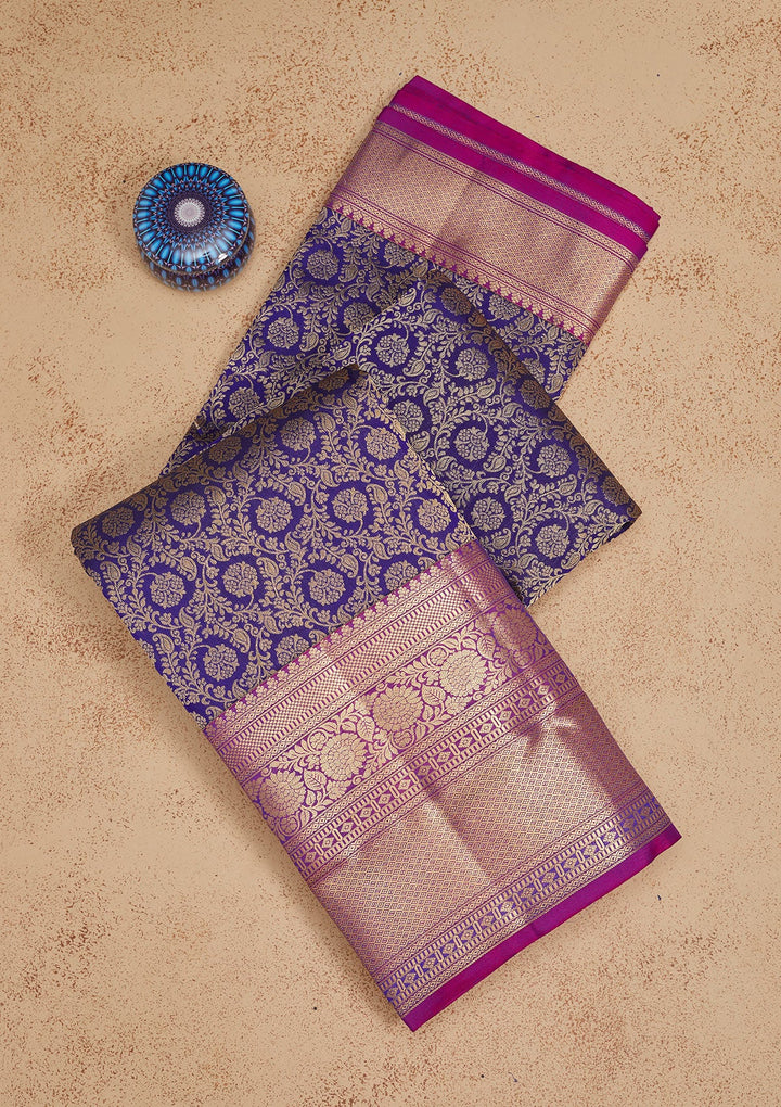 Navy Blue Zariwork Pure Silk Saree-Koskii