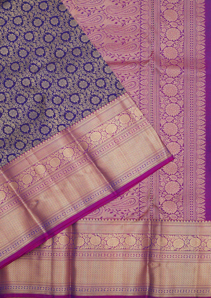 Navy Blue Zariwork Pure Silk Saree-Koskii