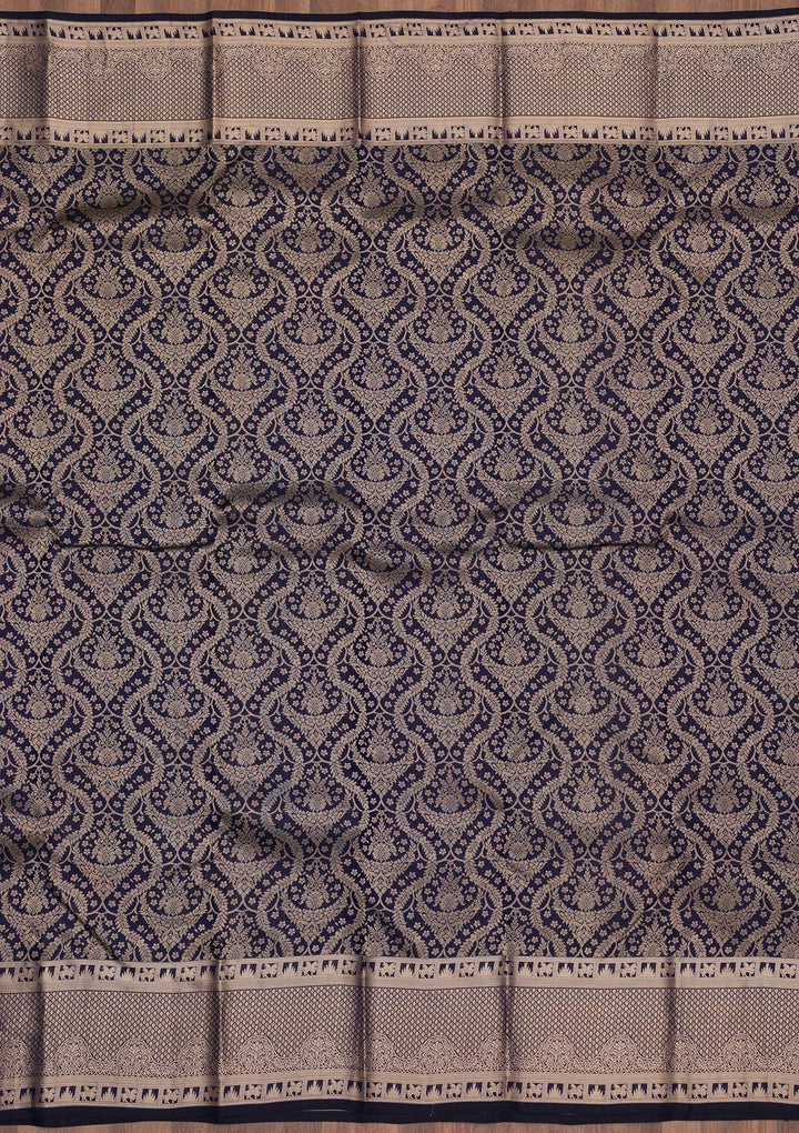 Navy Blue Zariwork Pure Silk Saree-Koskii