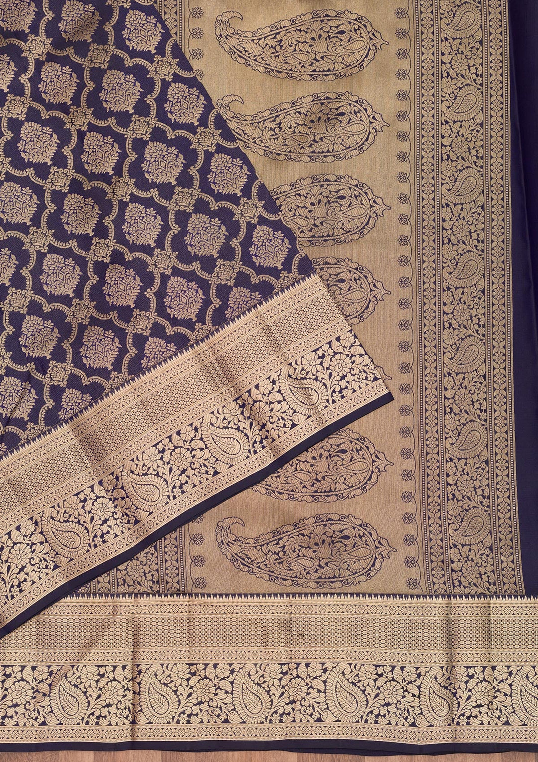 Navy Blue Zariwork Pure Silk Saree-Koskii