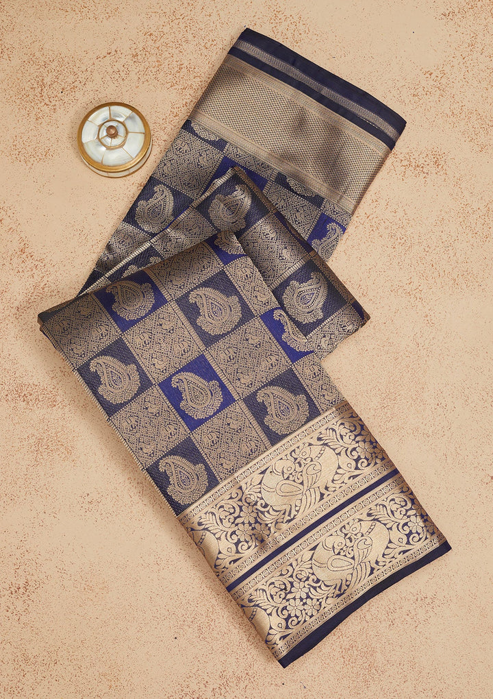 Navy Blue Zariwork Pure Silk Saree-Koskii