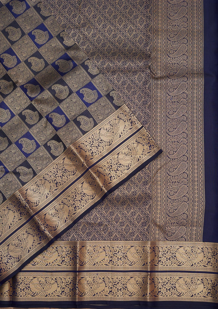 Navy Blue Zariwork Pure Silk Saree-Koskii
