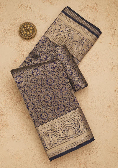Navy Blue Zariwork Pure Silk Saree-Koskii