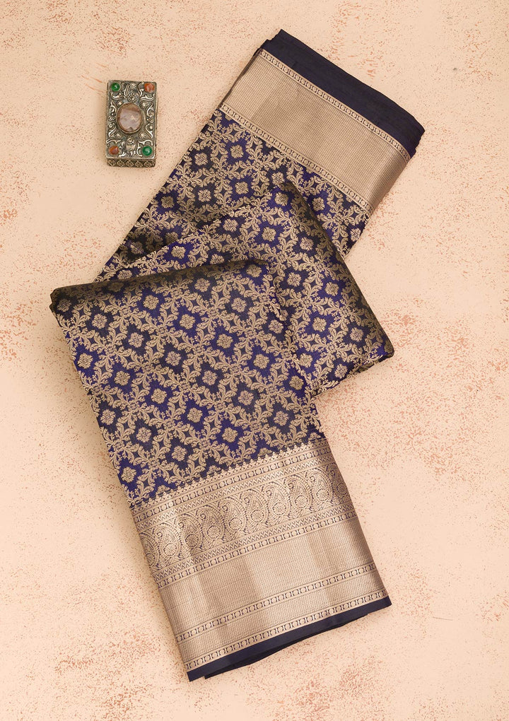 Navy Blue Zariwork Pure Silk Saree-Koskii