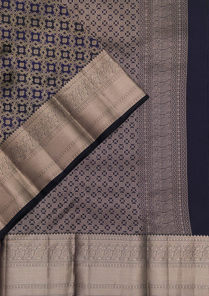 Navy Blue Zariwork Pure Silk Saree-Koskii