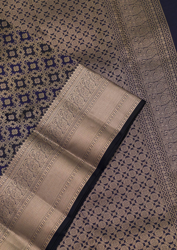 Navy Blue Zariwork Pure Silk Saree-Koskii