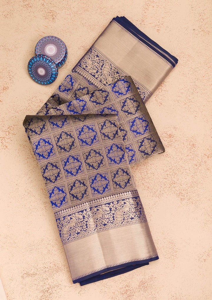 Navy Blue Zariwork Pure Silk Saree-Koskii