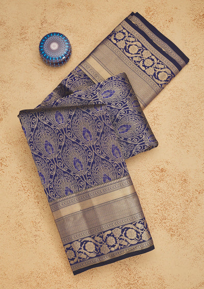 Navy Blue Zariwork Pure Silk Saree-Koskii