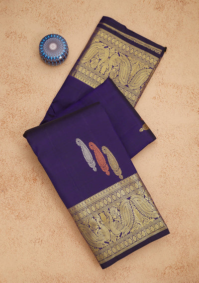 Navy Blue Zariwork Pure Silk Saree-Koskii