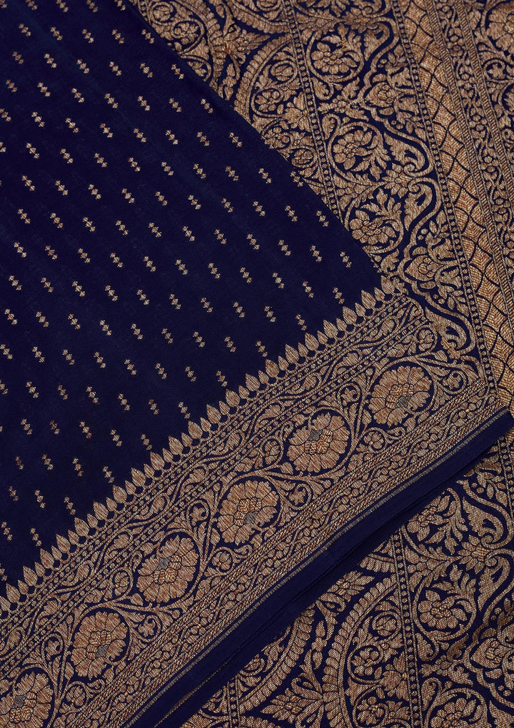 Navy Blue Zariwork Pure Silk Saree-Koskii
