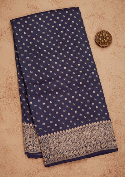 Navy Blue Zariwork Pure Silk Saree-Koskii